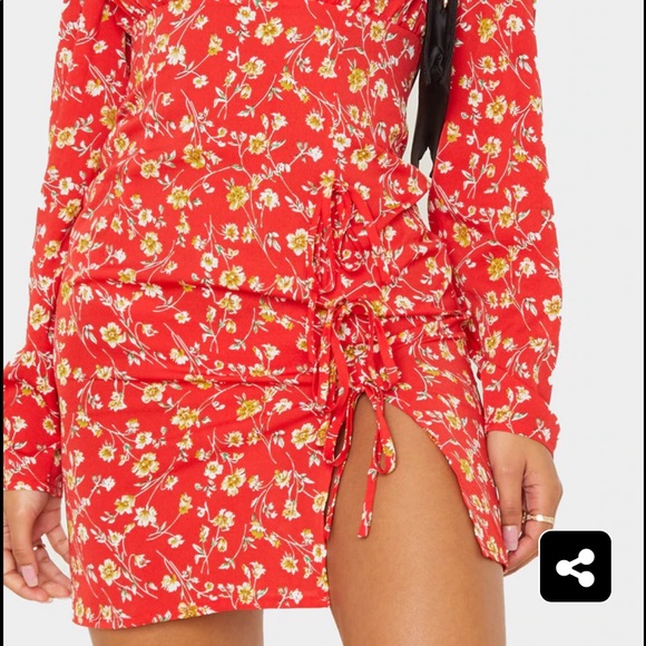 Red Floral Side Split Dress NWOT - Picture 3 of 4